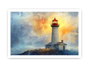 Modern lighthouse canvas print with blue and gold coastal fog for luxury living room decor.