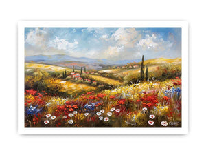 Colorful wildflower landscape canvas art for bright living room decor
