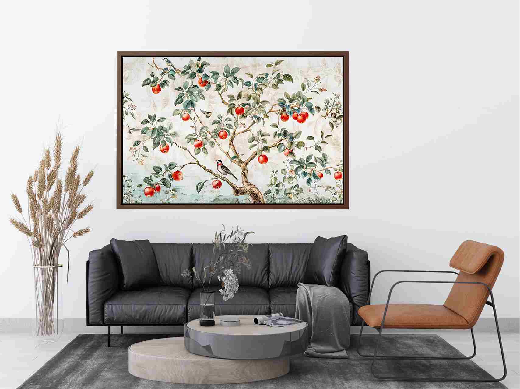 Botanical apple tree and bird artwork for kitchen wall decor