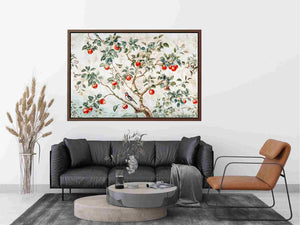 Botanical apple tree and bird artwork for kitchen wall decor