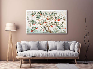Botanical apple tree and bird artwork for kitchen wall decor