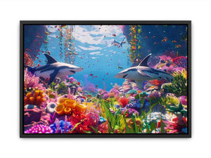 Colorful shark reef canvas art with tropical marine life and vibrant coral for modern coastal living room decor.