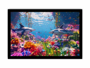Colorful shark reef canvas art with tropical marine life and vibrant coral for modern coastal living room decor.