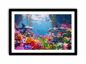 Colorful shark reef canvas art with tropical marine life and vibrant coral for modern coastal living room decor.