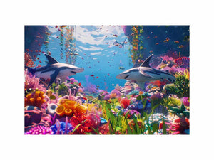 Colorful shark reef canvas art with tropical marine life and vibrant coral for modern coastal living room decor.