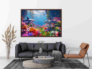 Colorful shark reef canvas art with tropical marine life and vibrant coral for modern coastal living room decor.
