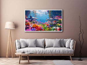 Colorful shark reef canvas art with tropical marine life and vibrant coral for modern coastal living room decor.