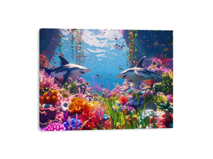 Colorful shark reef canvas art with tropical marine life and vibrant coral for modern coastal living room decor.
