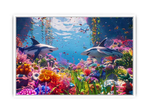 Colorful shark reef canvas art with tropical marine life and vibrant coral for modern coastal living room decor.