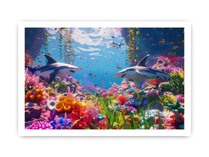 Colorful shark reef canvas art with tropical marine life and vibrant coral for modern coastal living room decor.