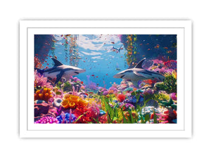 Colorful shark reef canvas art with tropical marine life and vibrant coral for modern coastal living room decor.