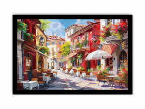 Colorful European cafe street canvas art for warm kitchen or dining room decor.