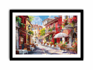Colorful European cafe street canvas art for warm kitchen or dining room decor.