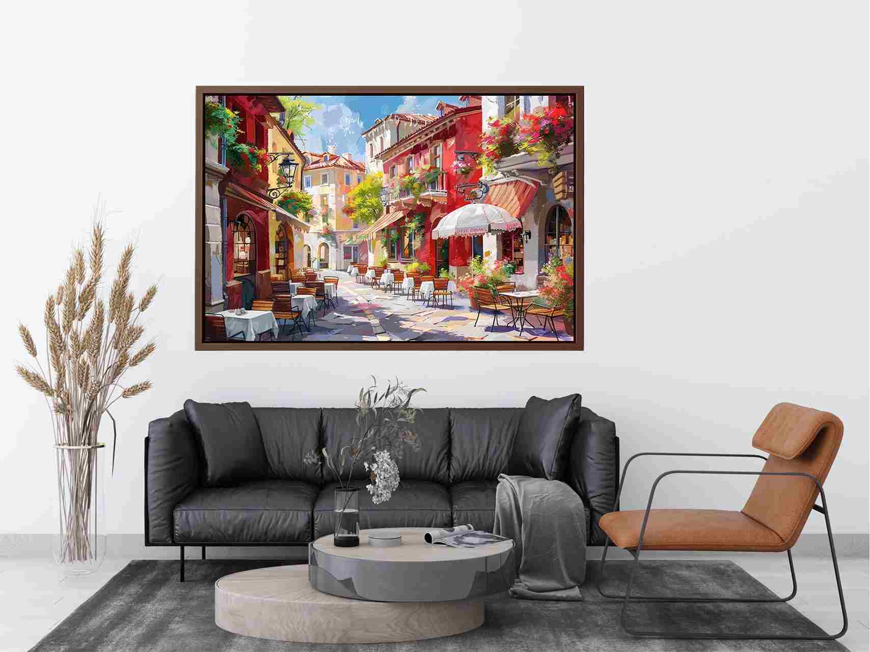 Colorful European cafe street canvas art for warm kitchen or dining room decor.
