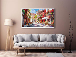 Colorful European cafe street canvas art for warm kitchen or dining room decor.