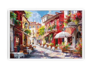 Colorful European cafe street canvas art for warm kitchen or dining room decor.