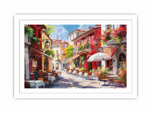 Colorful European cafe street canvas art for warm kitchen or dining room decor.