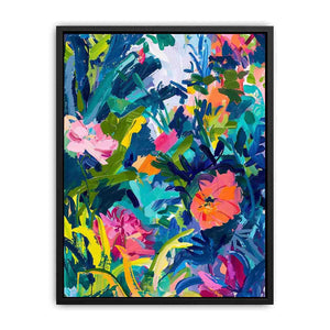 Bold tropical abstract floral canvas art for colorful modern living room decor.