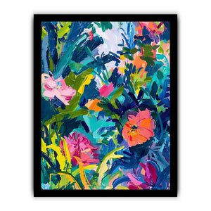 Bold tropical abstract floral canvas art for colorful modern living room decor.