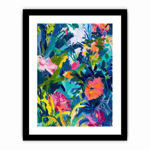 Bold tropical abstract floral canvas art for colorful modern living room decor.