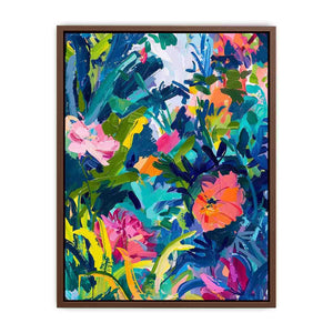 Bold tropical abstract floral canvas art for colorful modern living room decor.