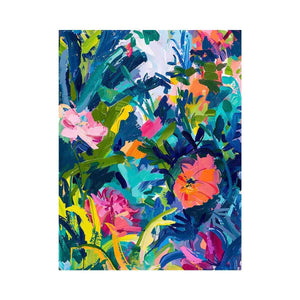 Bold tropical abstract floral canvas art for colorful modern living room decor.