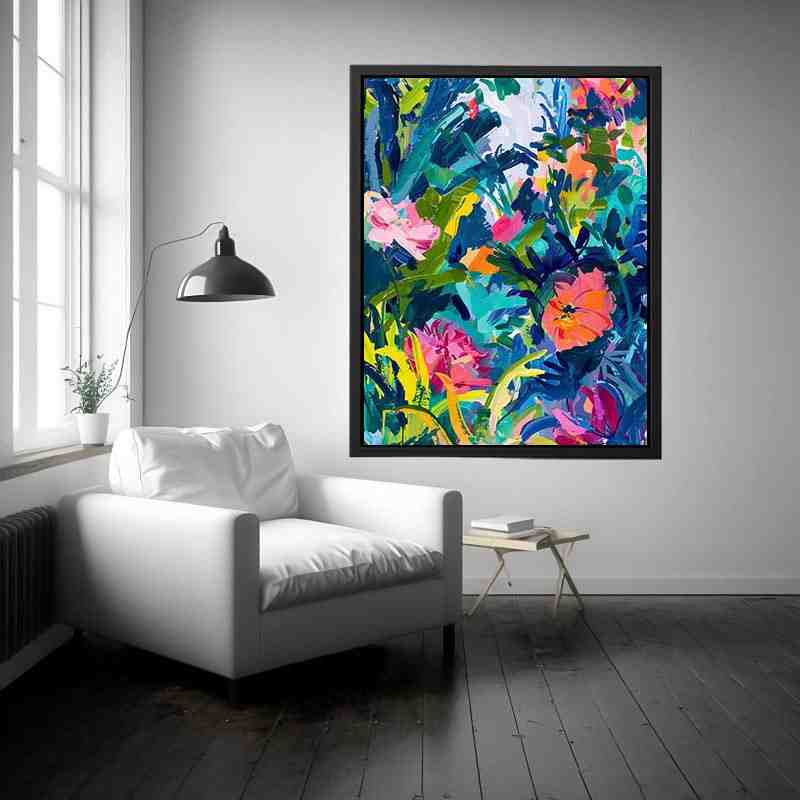 Bold tropical abstract floral canvas art for colorful modern living room decor.