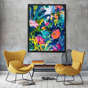 Bold tropical abstract floral canvas art for colorful modern living room decor.
