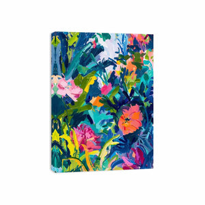 Bold tropical abstract floral canvas art for colorful modern living room decor.