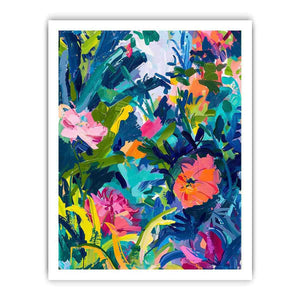 Bold tropical abstract floral canvas art for colorful modern living room decor.