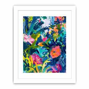 Bold tropical abstract floral canvas art for colorful modern living room decor.