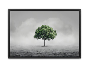 Minimal lone green tree canvas art for calm modern office or living room decor.