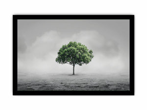 Minimal lone green tree canvas art for calm modern office or living room decor.