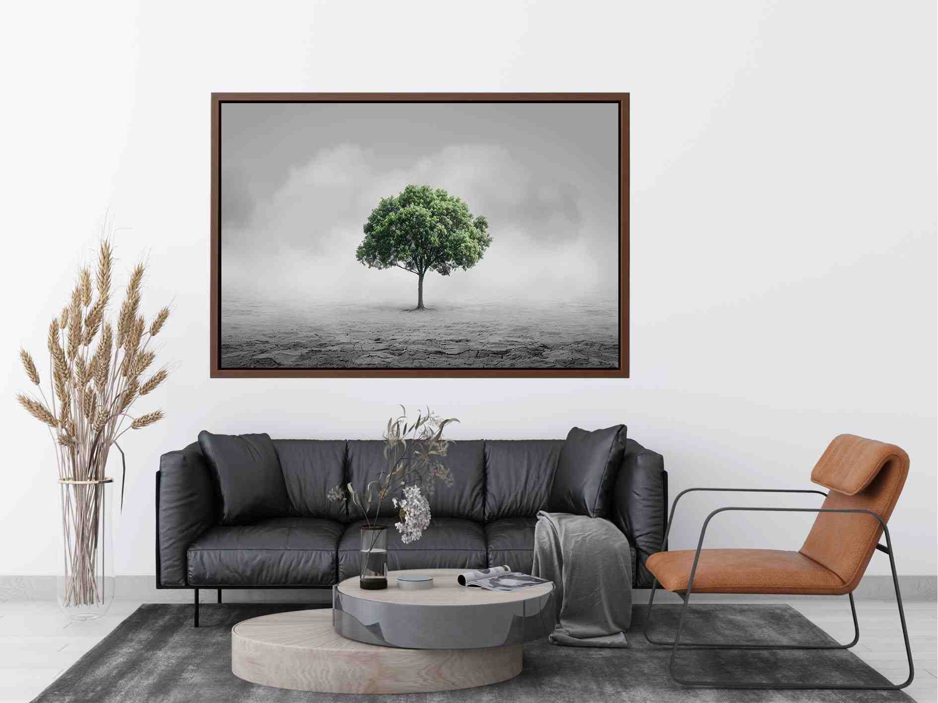 Minimal lone green tree canvas art for calm modern office or living room decor.