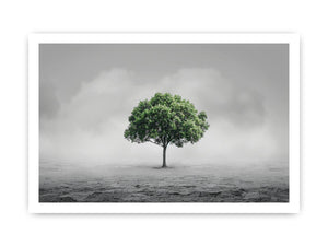 Minimal lone green tree canvas art for calm modern office or living room decor.