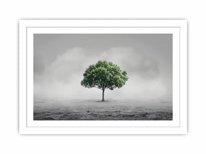 Minimal lone green tree canvas art for calm modern office or living room decor.