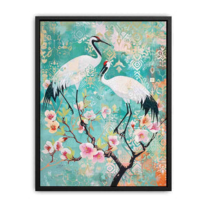 Elegant crane and cherry blossom canvas art for serene bedroom or living room decor.