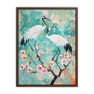 Elegant crane and cherry blossom canvas art for serene bedroom or living room decor.