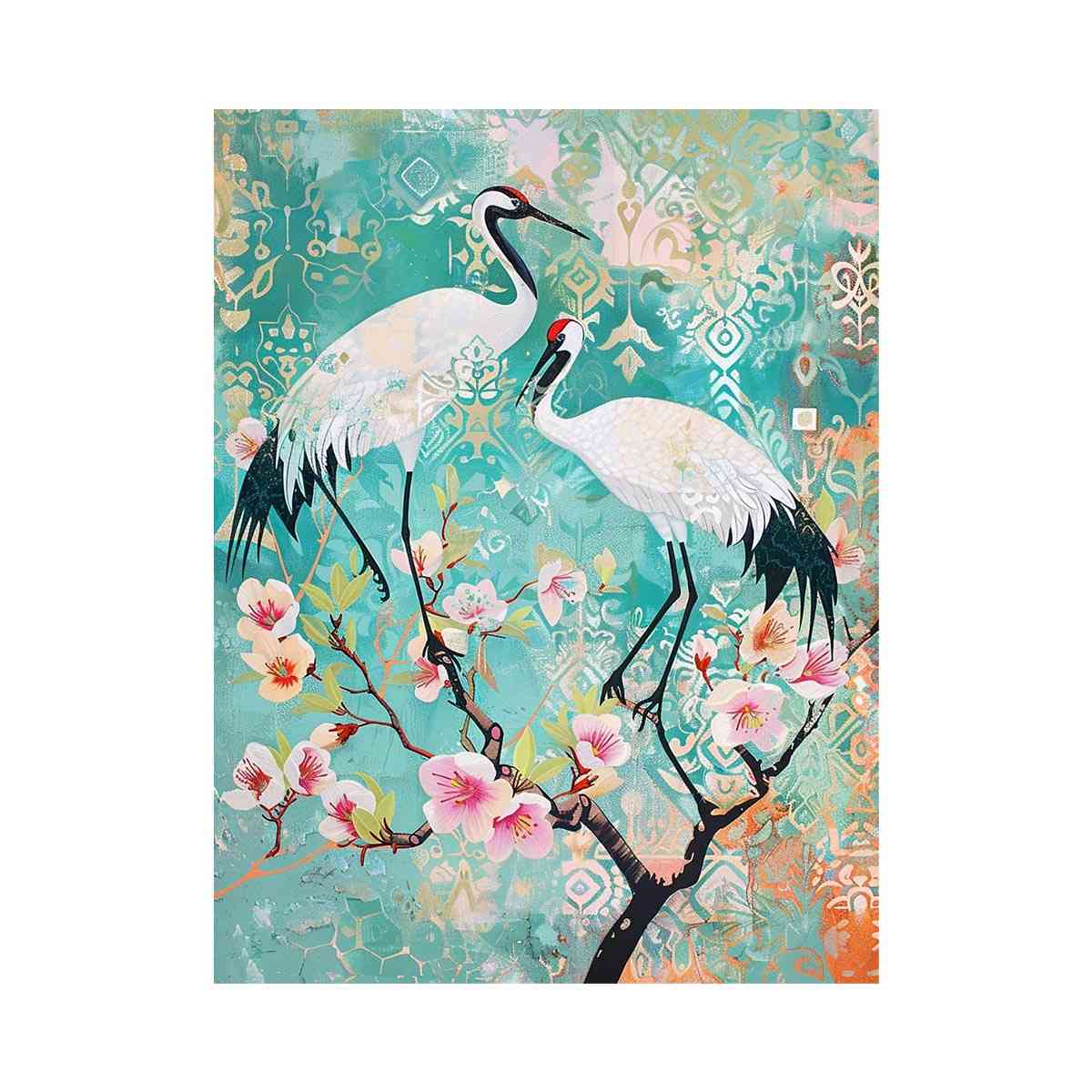 Elegant crane and cherry blossom canvas art for serene bedroom or living room decor.