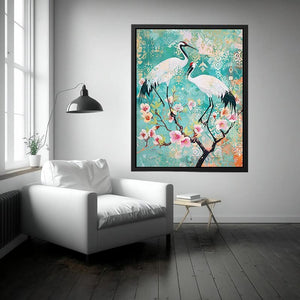 Elegant crane and cherry blossom canvas art for serene bedroom or living room decor.