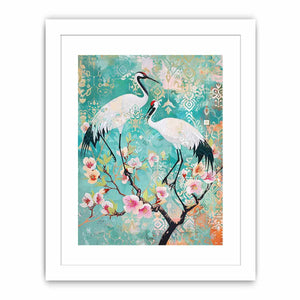 Elegant crane and cherry blossom canvas art for serene bedroom or living room decor.