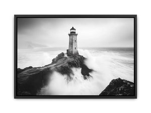Black and white lighthouse photography wall art with storm waves for modern office decor.