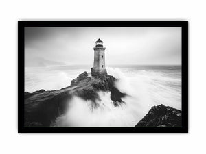 Black and white lighthouse photography wall art with storm waves for modern office decor.