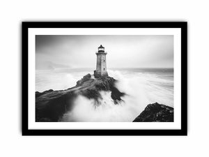 Black and white lighthouse photography wall art with storm waves for modern office decor.