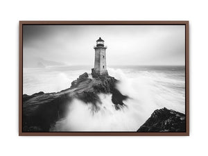 Black and white lighthouse photography wall art with storm waves for modern office decor.