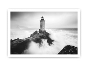 Black and white lighthouse photography wall art with storm waves for modern office decor.