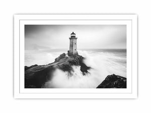Black and white lighthouse photography wall art with storm waves for modern office decor.