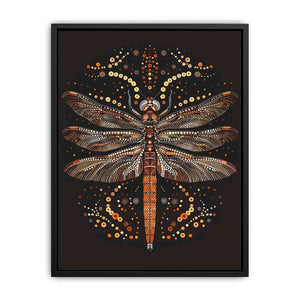 Bold dragonfly canvas art with copper dot detail for modern office wall decor.