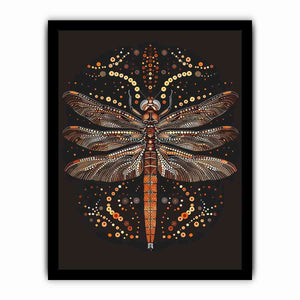 Bold dragonfly canvas art with copper dot detail for modern office wall decor.