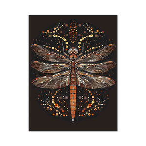 Bold dragonfly canvas art with copper dot detail for modern office wall decor.